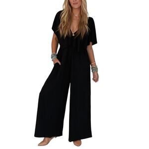 NEW THREE BIRD NEST On Repeat Open Back Wide Leg Black Knit Jumpsuit Women’s M